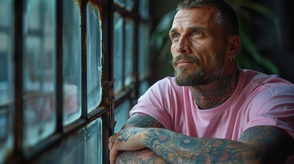 Wall Mural - Tattooed man in a pink shirt stares thoughtfully outside through a window, sunlight filtering in