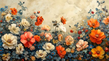 Wall Mural - This image displays a vibrant floral painting with red, orange, blue, and white blooms on canvas