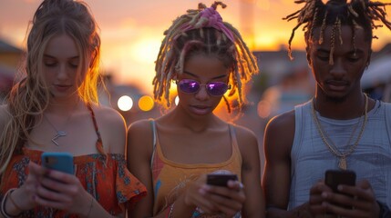 Canvas Print - Three young adults are concentrated on their smartphones at sunset with blurred background lights
