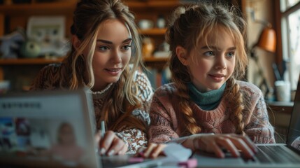Wall Mural - Two girls focused on a computer screen, likely learning or working together, in a cozy indoor setting