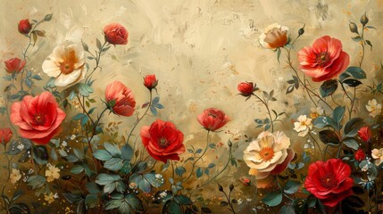 Wall Mural - Vibrant painting depicts a variety of blooming flowers, predominantly roses, against a textured beige background