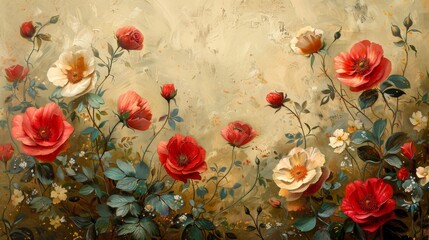 Sticker - Vibrant painting depicts a variety of blooming flowers, predominantly roses, against a textured beige background