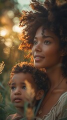 Wall Mural - Woman and a child with curly hair gaze into the distance amid golden sunlight and foliage