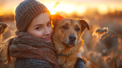 Wall Mural - Woman in warm attire hugs a brown dog lovingly during a beautiful golden hour sunset