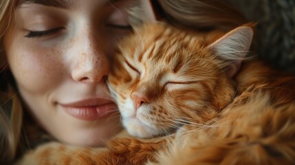 Wall Mural - Woman is peacefully sleeping, closely snuggled with a serene orange tabby cat, sharing a tender moment