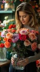 Sticker - Woman is gently holding a lush bouquet of vibrant roses in various shades of pinks and oranges