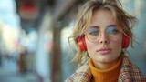 Fototapeta Perspektywa 3d - Woman with round glasses and red headphones is looking at the camera on a city street