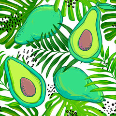 Wall Mural - Fashion tropics funny wallpapers. Seamless pattern with avocado and leaves palm. Bright summer background. Hand drawn