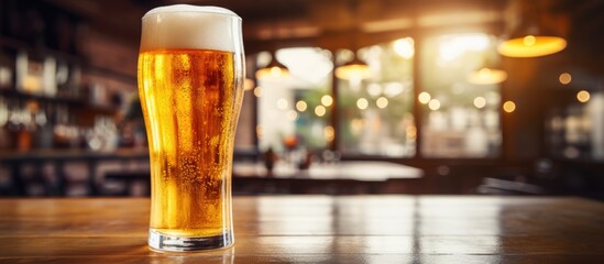 Wall Mural - A pint of beer rests on a wooden bar table, the amber liquid glistening under the bar lights. The beer glass is surrounded by other barware and drinkware