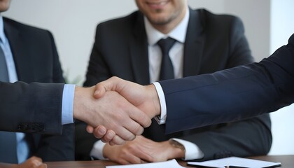 Two corporate businessman shaking hands during meeting in office