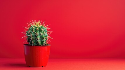 Wall Mural - Bright green cactus in a red pot against a red background