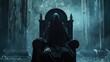 A mysterious figure seated on a throne in a dark, gothic setting
