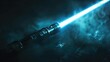 A luminous blue light saber glowing in a dark, smokey environment