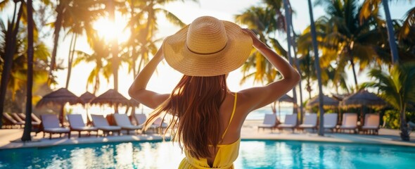 The woman in the straw hat and yellow dress stands near an outdoor swimming pool on the resort area where people can relax by taking photos or enjoying sunbathing Generative AI