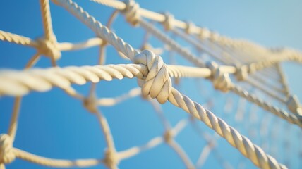 Clear blue sky seen through white rope net