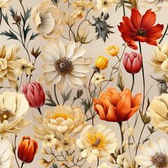 Wall Mural - Seamless pattern with flowers in vintage style.