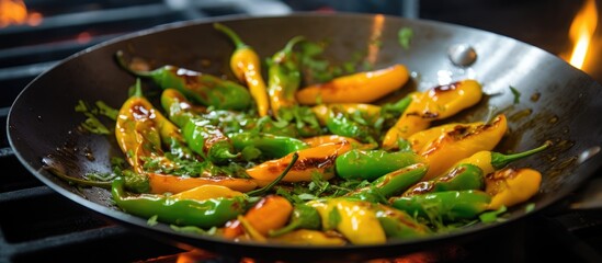 Wall Mural - A wok filled with vegetables is sizzling on the stove, creating a delicious aroma. This plantbased dish is a flavorful and healthy addition to any cuisine