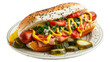 Chicago-Style Hot Dog on a plate isolated on transparent png background. Generative ai 