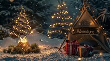 Winter Adventure Camping Theme Under Snowy Night Sky With Fading Black Silhouette Of Towering Pine Trees, Hanging Holiday Garland And Lights Made Of Natural Burlap,