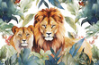 background two watercolor lions flowers tropical bottom leaves surrounded a painting orange green flowers leaves white blue