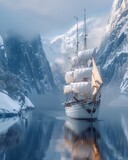 Fototapeta Przestrzenne - Magnificent  historical schooner sailing in the ocean