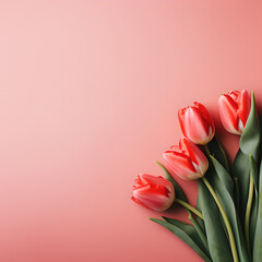 Wall Mural - red colored tulip flowers on side of pastel light red background with empty space for text