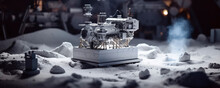 Amidst A Snowy Landscape, A Miniature Boat Model Emerges, Evoking The Chilly Essence Of Winter With Its Detailed Craftsmanship Against The Stark White Backdrop. Banner. Copy Space.
