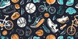 sports icons, basketballs, bicycles, and running shoes seamless pattern