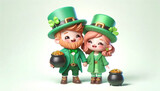 Fototapeta Dinusie - Couple of leprechauns in green clothes, hats, with a pot of gold in their hands, isolated