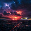 Photorealistic ai artwork of a large thunderstorm with lightning over a city at night. Generative ai.