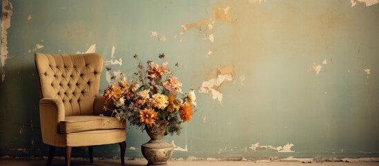 Sticker - A flower vase sits on a table next to a chair in a room, adding a touch of beauty with its colorful petals and elegant flower arrangement