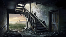  A Staircase In A Crumbling House Leading To Nowhere. Concept Of Neglect, Abandonment, And Ignorance. 