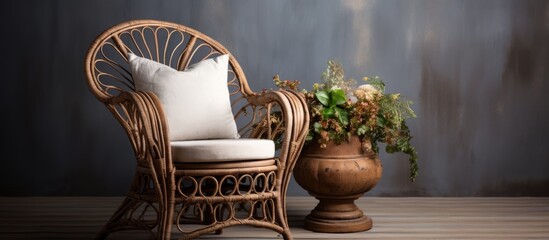 Poster - A wooden wicker chair with a white pillow, accompanied by a vase of flowers, creates a cozy corner in the building with hardwood flooring