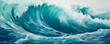 The artwork depicts a powerful and large ocean wave crashing with great force, crafting a scene that's both dramatic and dynamic energy, showcasing the ocean's untamed nature. Banner. Copy space.