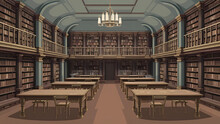 An Old Library With Dust-covered Shelves And Empty Reading Tables. Concept Of Neglect, Abandonment, And Ignorance. 
