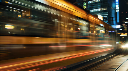 High speed train in motion on the railway station at dusk. Moving blue modern intercity passenger train, railway platform, buildings, city lights. Railway transportation