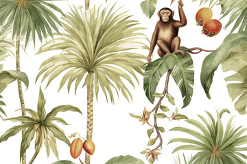 palm palm monkey seamless capuchin tropical gently background trees jungle banana vintage pattern elements wallpaper watercolor wildlife trendy