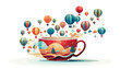A hot air balloon shaped like a teapot pouring out