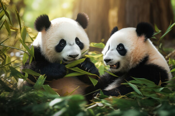 Two panda (Ailuropoda melanoleuca) cubs seat and eat bamboo in the natural habitat.