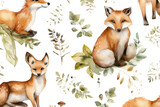 Fototapeta Dziecięca - baby greenery seamless nursery squirrel hand textile deer illustration leaves baby fabric watercolor animals woodland cute forest fox fawn wild set wallpaper pattern painted