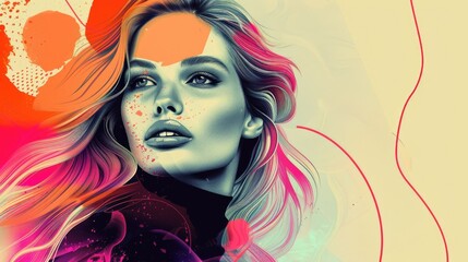 Wall Mural - A woman with pink hair and a black top, retro glam poster look.