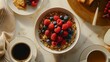 Nutrient-Packed Breakfast Table with Muesli and Berries, muesli bowl, blueberries, raspberries, centerpiece