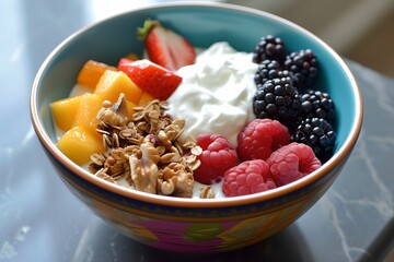 Wall Mural - Delightful Fruit and Yogurt Breakfast Bowl, colorful, fruits, nuts, Greek yogurt