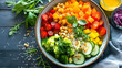 A colorful and nutritious Buddha bowl with grains, vegetables, and protein