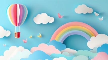 Colorful paper cut sky with hot air balloon,clouds and rainbow landscape background. AI generated