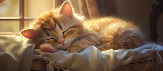 Sticker - A small Felidae carnivore, the kitten with fawn fur and whiskers, is peacefully sleeping on a bed next to a window, enjoying comfort and relaxation