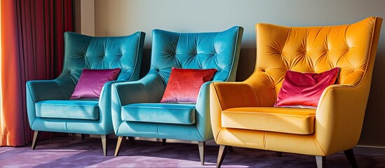 Three chairs in magenta, electric blue, and a patterned design are placed next to each other in a rectangular living room of a house, adding a pop of color to the leisurely space