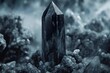 A dark crystal totem standing amongst rugged rocks.
