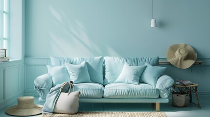 A blue room with a sofa and pillows and a straw hat and beach bag. 