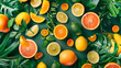 A vibrant green backdrop hosts a neatly arranged collection of citrus fruits, oranges to lemons and limes, showcasing their juicy freshness and the burst of vitamin C they offer. Banner. Copy space.